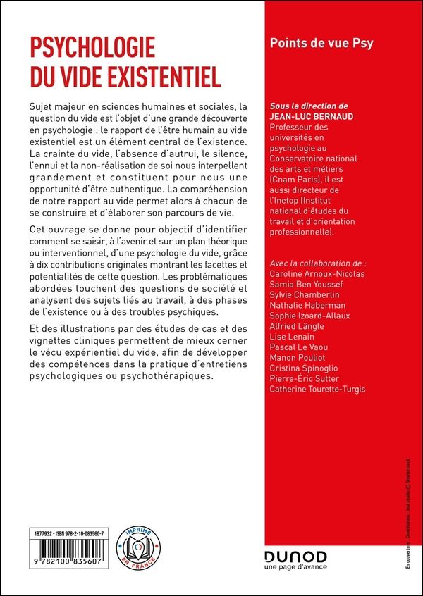 Quatrième de couverture de « Psychologie du vide existentiel »