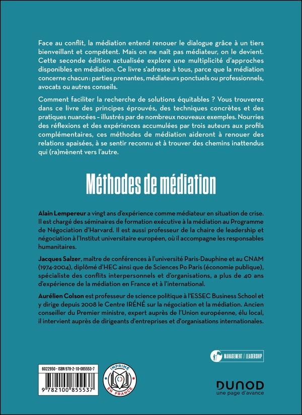 Quatrième de couverture de « Méthode de médiation : au coeur de la conciliation »