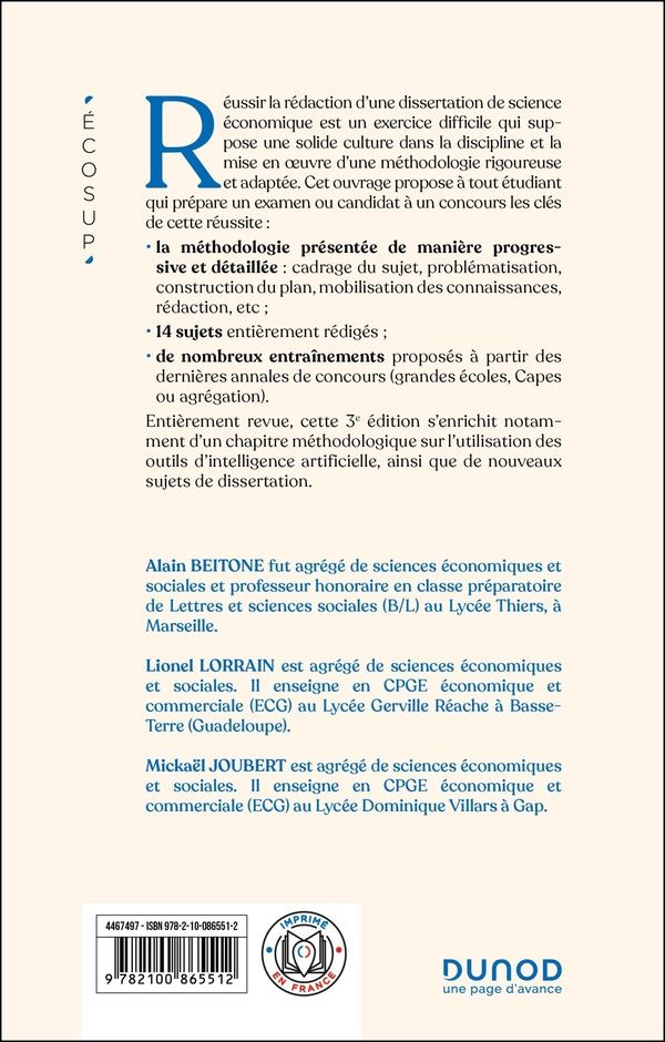 Quatrième de couverture de « La dissertation de science économique »