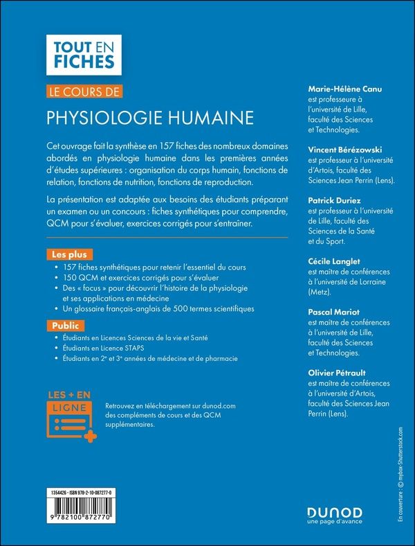 Quatrième de couverture de « Physiologie humaine : licence sciences de la vie, STAPS, santé »