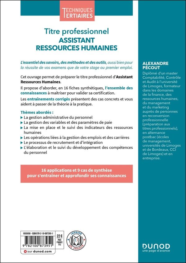 Quatrième de couverture de « Titre professionnel, assistant ressources humaines : procédures d'embauche et de départ, droit des salariés, paie... »