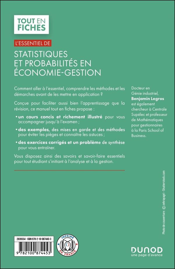 Quatrième de couverture de « L'essentiel des statistiques et probabilités en économie gestion : licence, IUT »