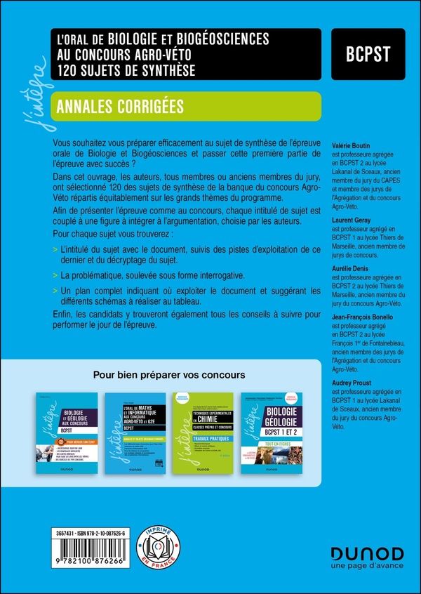 Quatrième de couverture de « L'oral de biologie et biogéosciences au concours agro-véto : 120 sujets de synthèse »