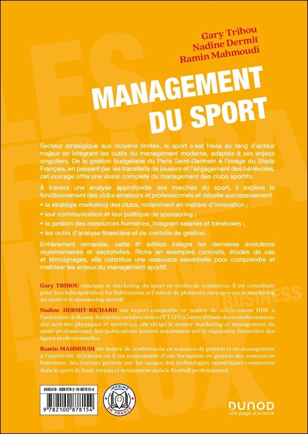 Quatrième de couverture de « Management du sport : marketing et gestion des clubs sportifs »