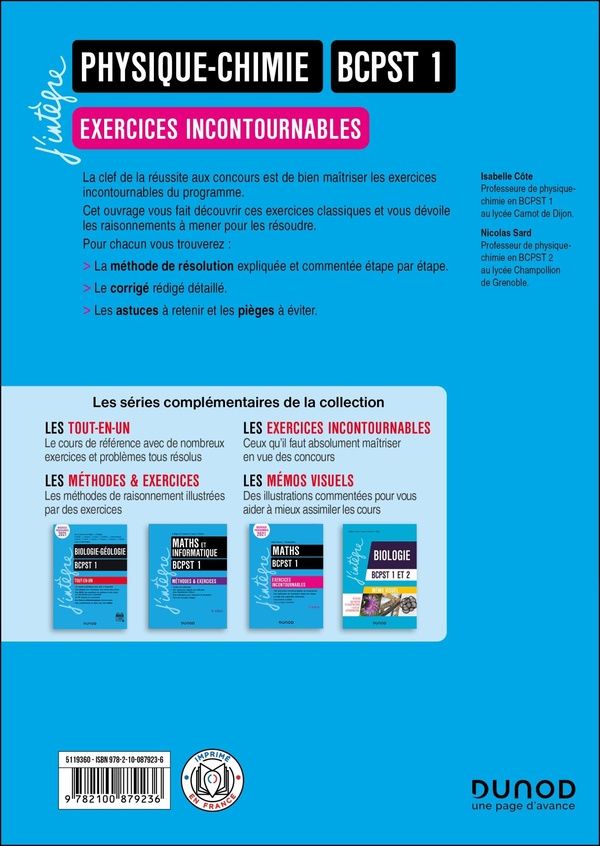 Quatrième de couverture de « Physique-chimie BCPST 1 : exercices incontournables »
