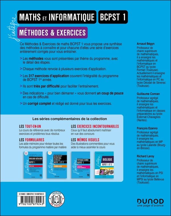 Quatrième de couverture de « Maths et informatique BCPST 1 : méthodes & exercices »