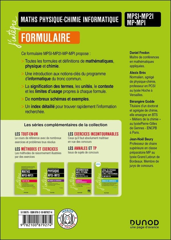 Quatrième de couverture de « Mathématiques, physique-chimie, informatique : formulaire »