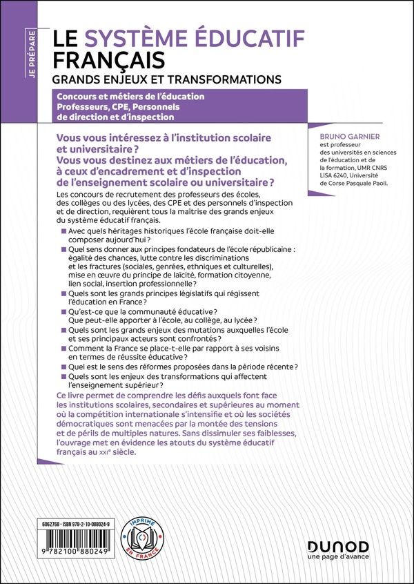 Quatrième de couverture de « Le système éducatif français : grands enjeux et transformations »