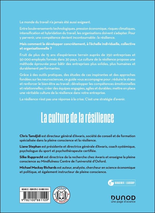 Quatrième de couverture de « La culture de la résilience : méthodes pratiques pour équipes solides »