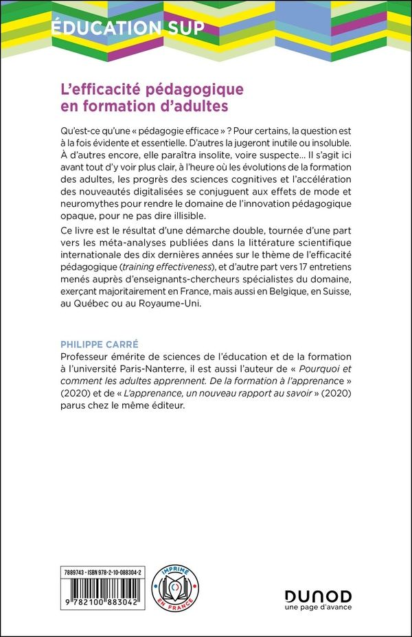 Quatrième de couverture de « L'efficacité pédagogique en formation d'adultes »