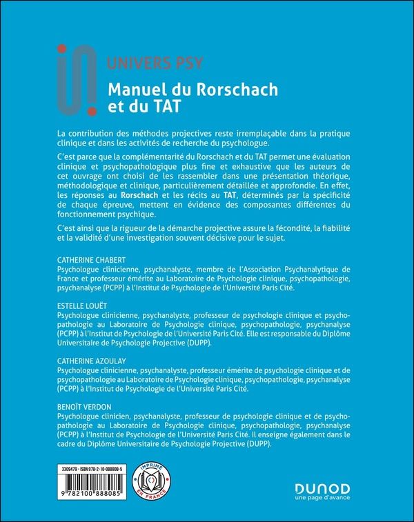 Quatrième de couverture de « Manuel du Rorschach et du TAT : interprétation psychanalytique »