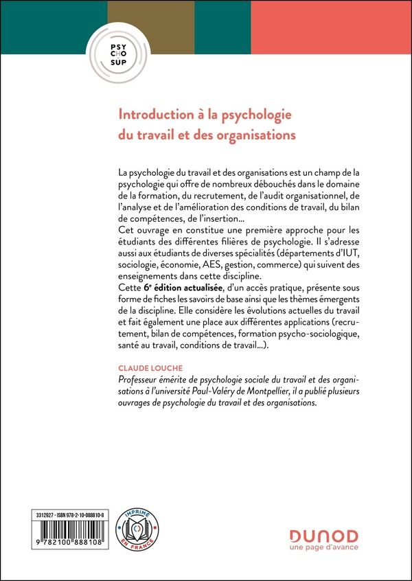 Quatrième de couverture de « Introduction à la psychologie du travail et des organisations : concepts de base et applications »
