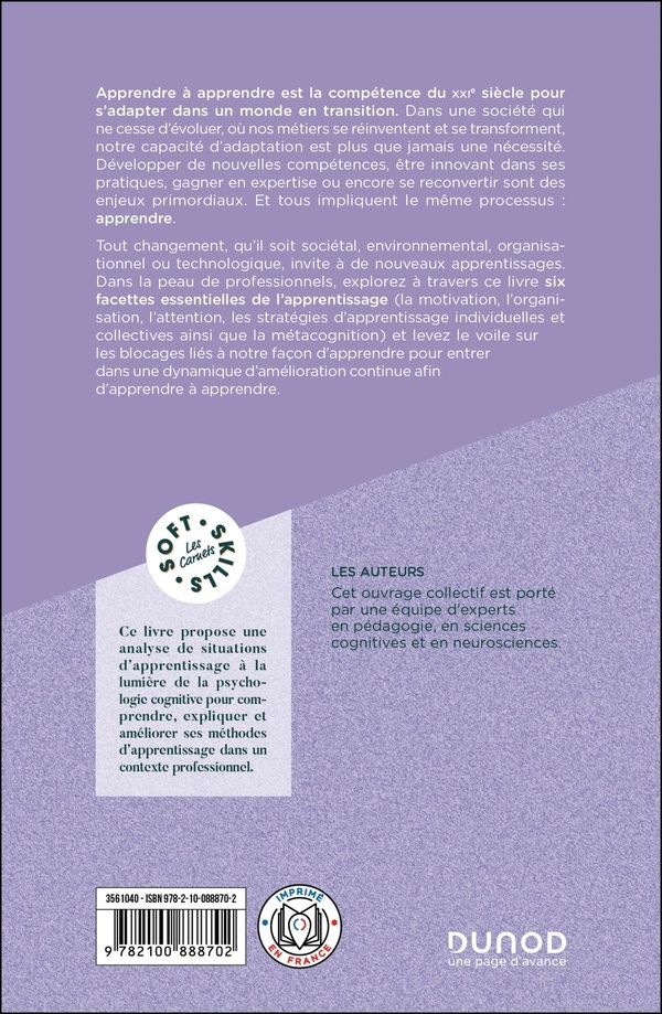 Quatrième de couverture de « Apprendre à apprendre : Un peu de psychologie cognitive pour les pros qui veulent optimiser leur potentiel »