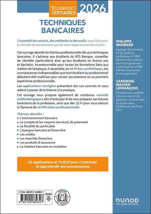 Quatrième de couverture de « Techniques bancaires, 2026 : environnement bancaire, compte et moyens de paiement, fiscalité du particulier, épargne bancaire et financière... »