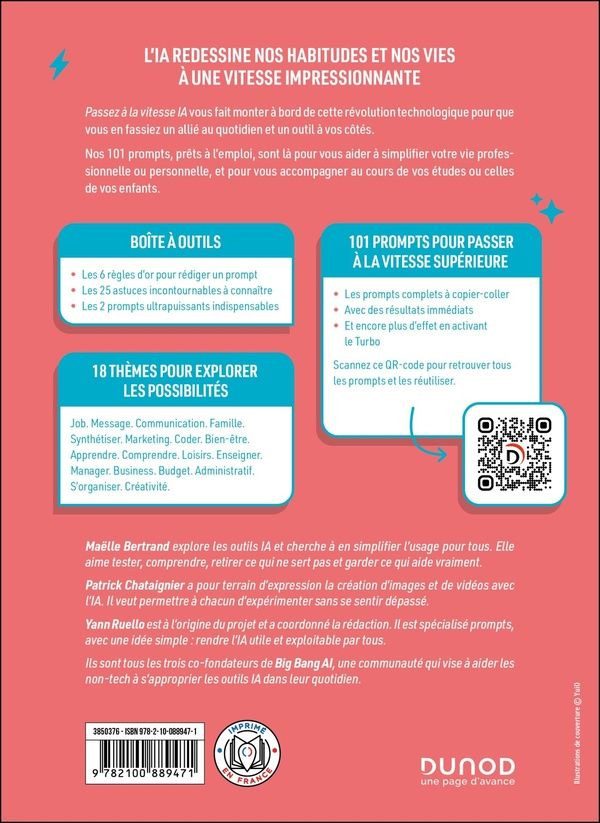 Quatrième de couverture de « Passez à la vitesse IA : vie perso, vie pro et études - 101 prompts pour simplifier votre quotidien »