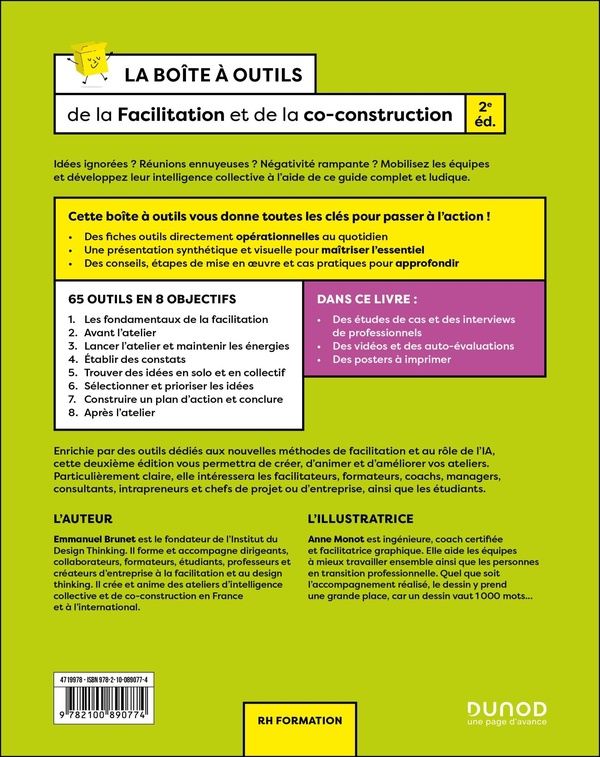 Quatrième de couverture de « La boîte à outils de la Facilitation et de la co-construction : 65 outils clés en main, 3 vidéos d'approfondissement, 3 supports à imprimer »