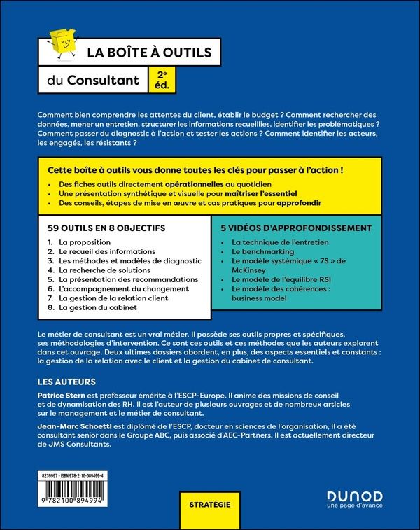 Quatrième de couverture de « La boîte à outils du Consultant : 59 outils clés en main, 5 vidéos d'approfondissement »