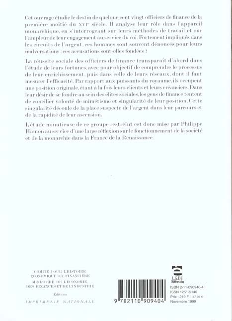 Quatrième de couverture de « MESSIEURS DES FINANCES. LES GRANDS OFFICIERS DE FINANCE DANS LA FRANCE DE LA REN »