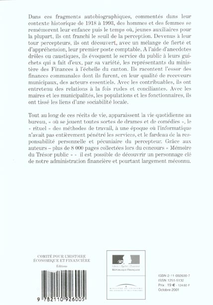 Quatrième de couverture de « VIES DE PERCEPTEURS, FRAGMENTS AUTOBIOGRAPHIQUES 1918 - 1993 - MORCEAUX CHOISIS ET COMMENTES PAR C. »