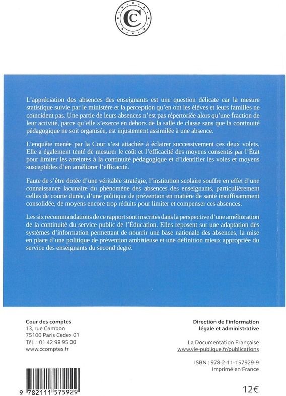 Quatrième de couverture de « LA GESTION DES ABSENCES DES ENSEIGNANTS - GARANTIR LA CONTINUITE PEDAGOGIQUE »