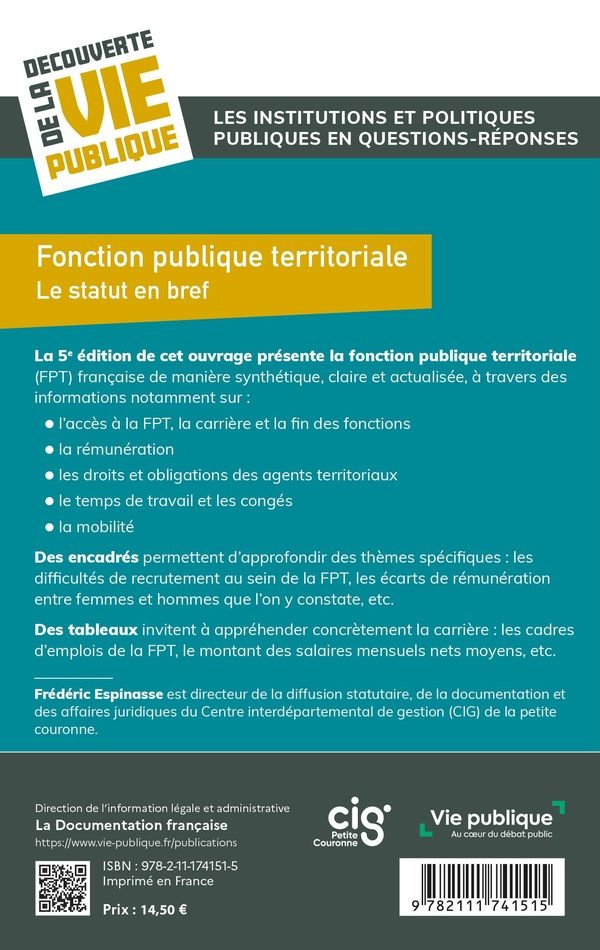 Quatrième de couverture de « Fonction publique territoriale : Le statut en bref »