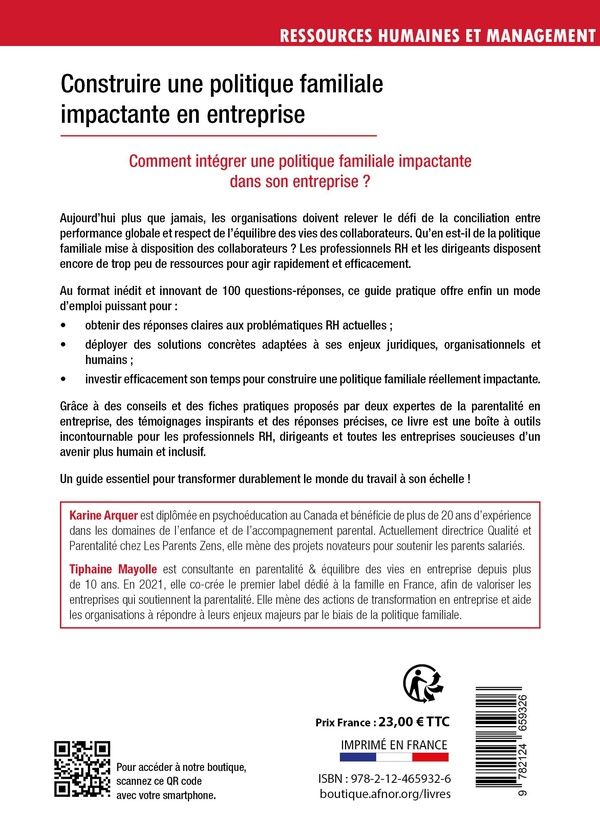 Quatrième de couverture de « Construire une politique familiale impactante en entreprise »