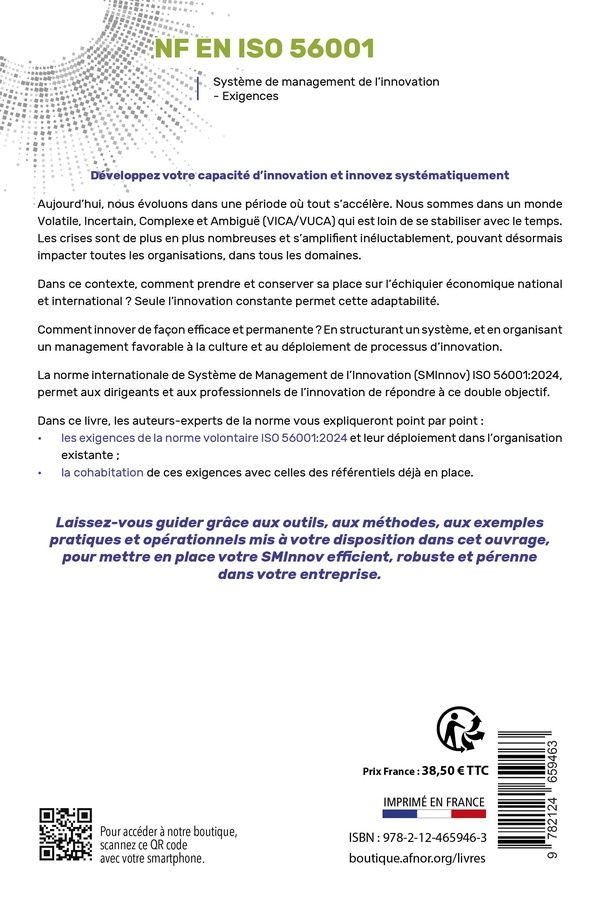 Quatrième de couverture de « NF en ISO 56001 : système de management de l'innovation »