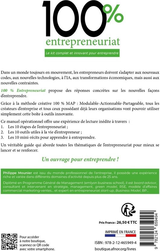 Quatrième de couverture de « 100 % entrepreneuriat : le kit complet et innovant pour entreprendre »