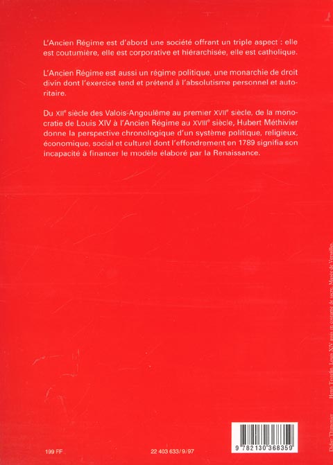Quatrième de couverture de « L'ANCIEN REGIME EN FRANCE. XVIE, XVIIE ET XVIIIE SIECLES »