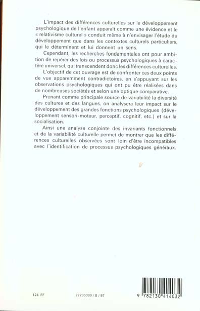 Quatrième de couverture de « LE DEVELOPPEMENT PSYCHOLOGIQUE EST-IL UNIVERSEL ? »