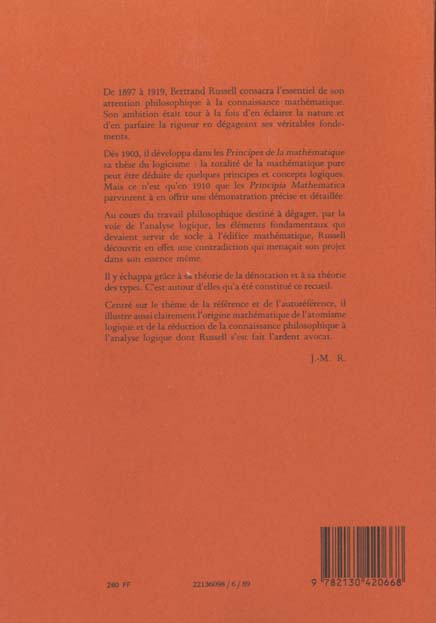 Quatrième de couverture de « ECRITS DE LOGIQUE PHILOSOPHIQUE »