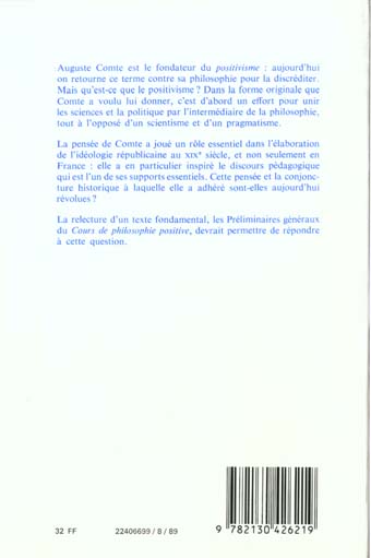 Quatrième de couverture de « COMTE. LA PHILOSOPHIE ET LES SCIENCES »