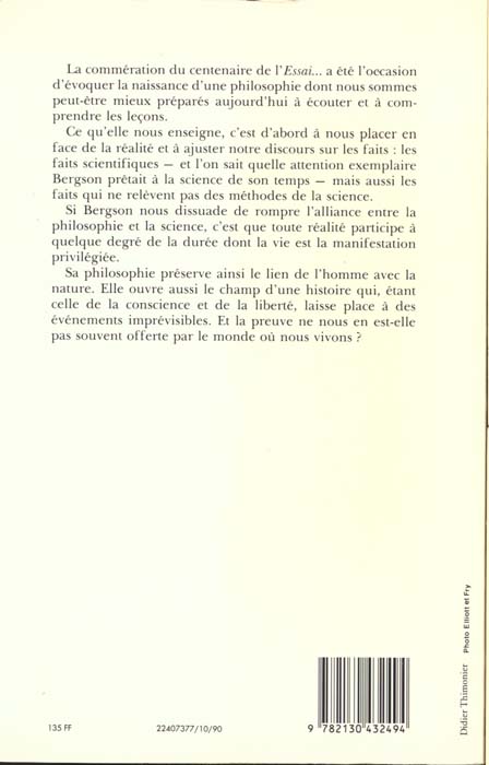 Quatrième de couverture de « BERGSON : NAISSANCE D'UNE PHILOSOPHIE »