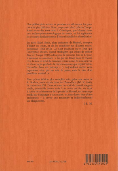 Quatrième de couverture de « LECONS POUR UNE PHENOMENOLOGIE DE LA CONSCIENCE INTIME DU TEMPS »