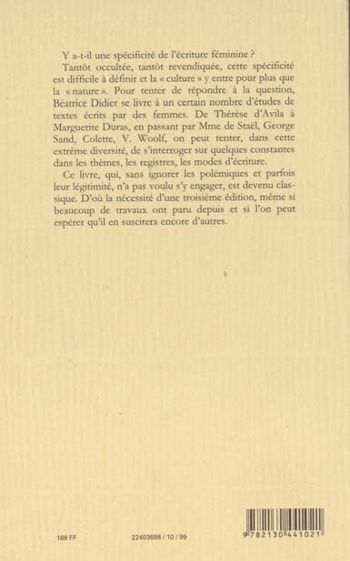 Quatrième de couverture de « L'ECRITURE-FEMME »