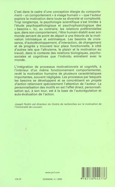 Quatrième de couverture de « THEORIE DE LA MOTIVATION HUMAINE - DU BESOIN AU PROJET D'ACTION »