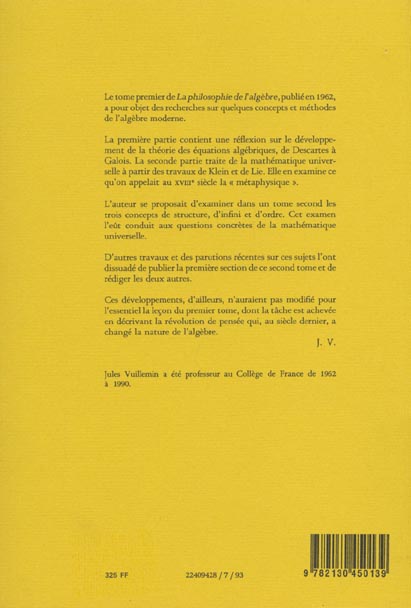 Quatrième de couverture de « LA PHILOSOPHIE DE L'ALGEBRE »