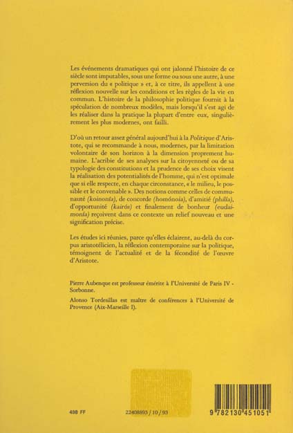 Quatrième de couverture de « ARISTOTE POLITIQUE »