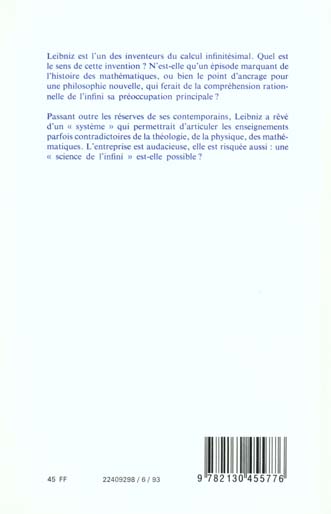 Quatrième de couverture de « LEIBNIZ ET L'INFINI »