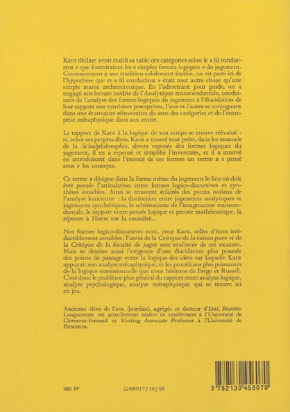 Quatrième de couverture de « KANT ET LE POUVOIR DE JUGER »