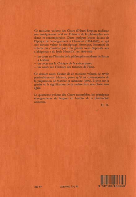 Quatrième de couverture de « COURS III. LECONS D'HISTOIRE DE LA PHILOSOPHIE MODERNE. THEORIES DE L'AME »