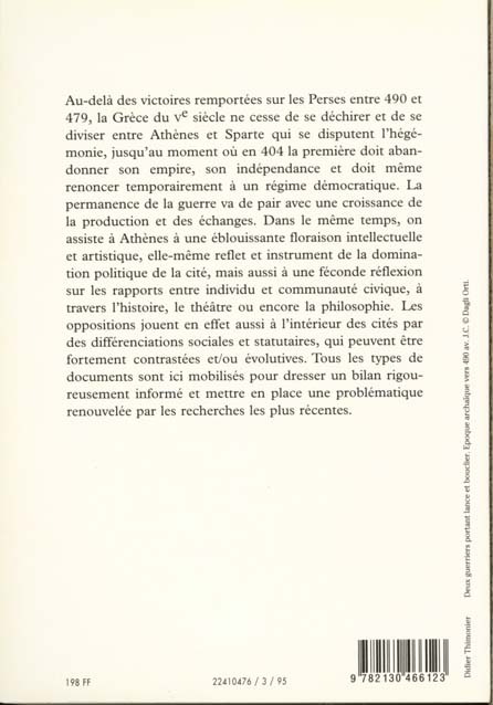 Quatrième de couverture de « LE MONDE GREC AUX TEMPS CLASSIQUES. TOME 1. LE VE SIECLE »