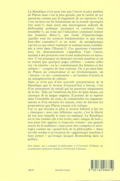 Quatrième de couverture de « INTRODUCTION A LA REPUBLIQUE DE PLATON »