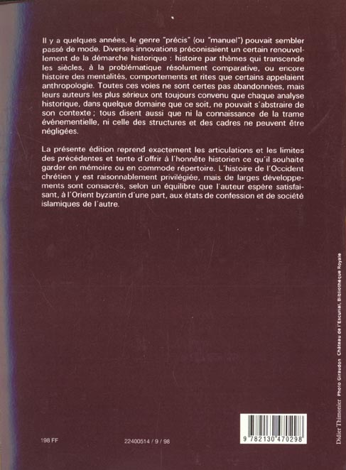 Quatrième de couverture de « PRECIS D'HISTOIRE DU MOYEN AGE »