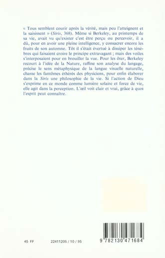 Quatrième de couverture de « BERKELEY. L'IDEE DE NATURE »