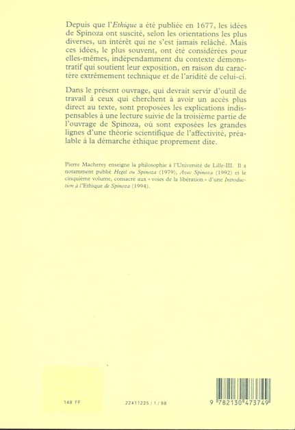 Quatrième de couverture de « INTRODUCTION A L'ETHIQUE DE SPINOZA. 3E PARTIE »