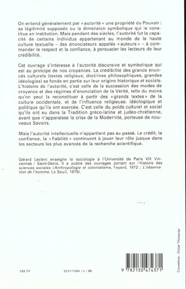 Quatrième de couverture de « HISTOIRE DE L'AUTORITE »