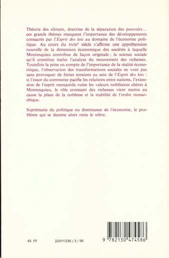 Quatrième de couverture de « MONTESQUIEU. POLITIQUE ET RICHESSES »