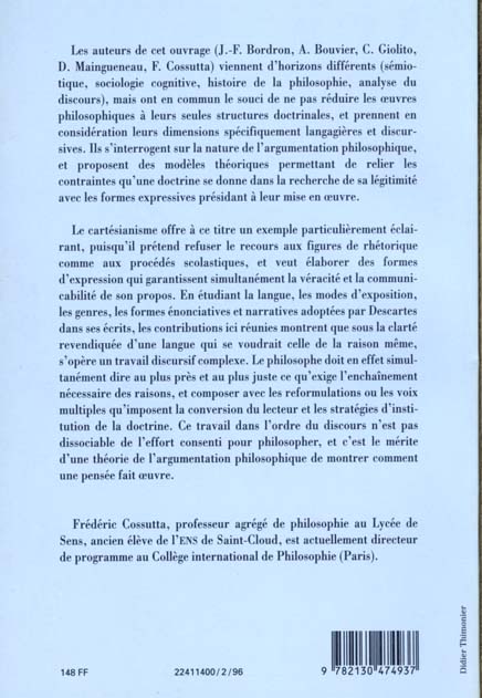 Quatrième de couverture de « DESCARTES ET L'ARGUMENTATION PHILOSOPHIQUE »