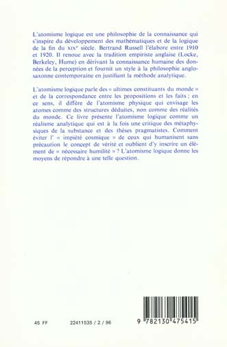 Quatrième de couverture de « BERTRAND RUSSELL. L'ATOMISME LOGIQUE »